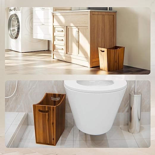 Tidita 3-Gallon Wood Trash Can with Handles for Kitchen, Bathroom, Office | Solid Acacia Wood, Compact Design, Easy to Carry with Integrated Handles, Multi-Purpose Uses, Open Top, Curved Edge Design