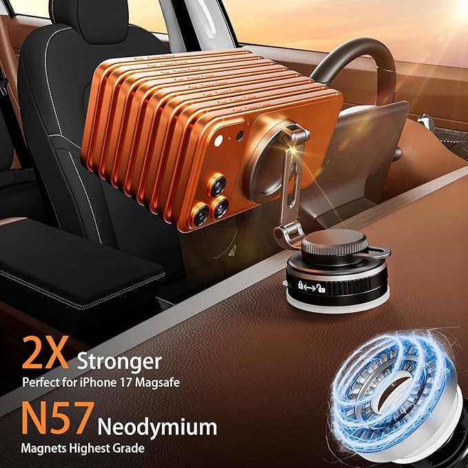 Upgraded Vacuum Magnetic Phone Holder for Car, Nano Gel Suction Cup Phone Mount for MagSafe, 108LBS Strong Suction & 3000GF Magnet, Adjustable Zinc Alloy Arm Car Mount for iPhone 17/16/15Pro Max