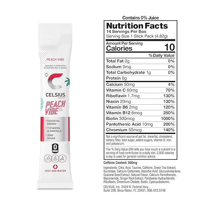CELSIUS On The Go PEACH VIBE,Sugar Free Energy Drink Mix,(Pack of 28)