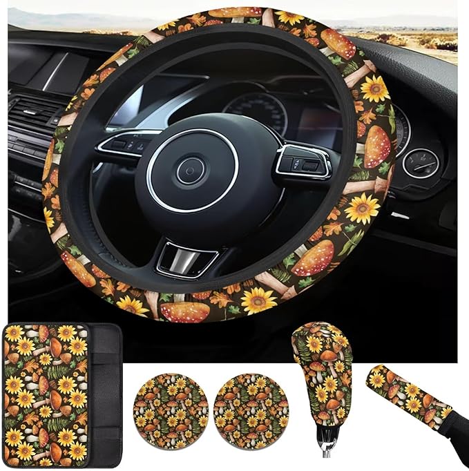 Mushroom 6pcs Car Steering Wheel Cover Set for Men Women Sunflower Car Interior Accessories Cup Coaster Handbrake Cover Universal Fit Auto,Suvs,Truck