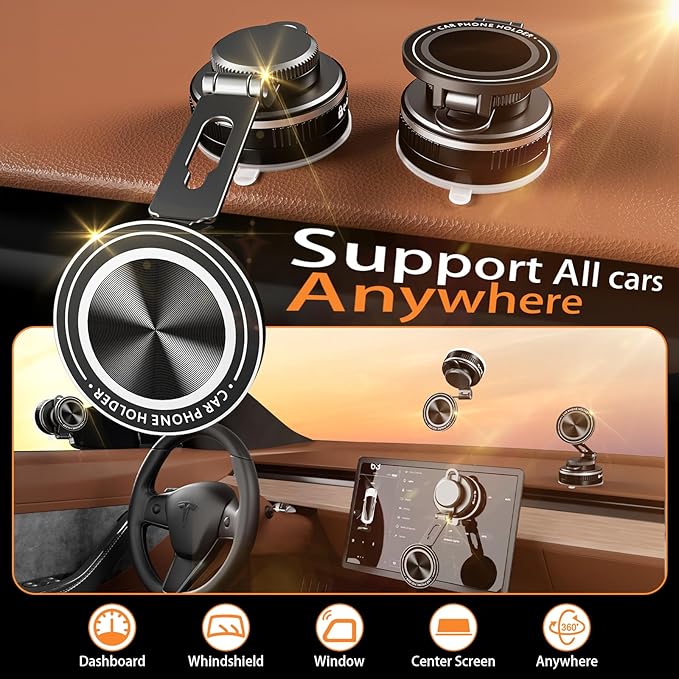 Upgraded Vacuum Magnetic Phone Holder for Car, Nano Gel Suction Cup Phone Mount for MagSafe, 108LBS Strong Suction & 3000GF Magnet, Adjustable Zinc Alloy Arm Car Mount for iPhone 17/16/15Pro Max