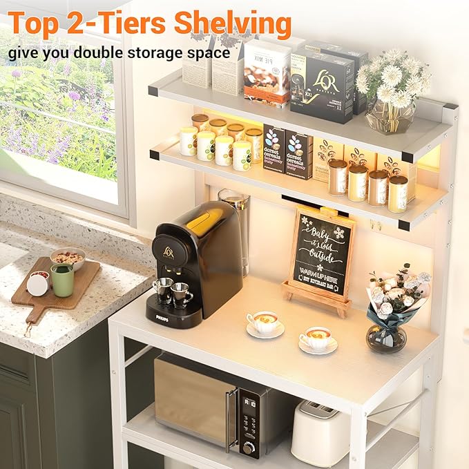 Aheaplus Bakers Rack with Power Outlet, Microwave Stand, 5 Tiers Coffee Bar Station with Led Lights, Kitchen Storage Shelf with 6 S-shaped Hooks, Kitchen Rack for Spices, Pots and Pans, White