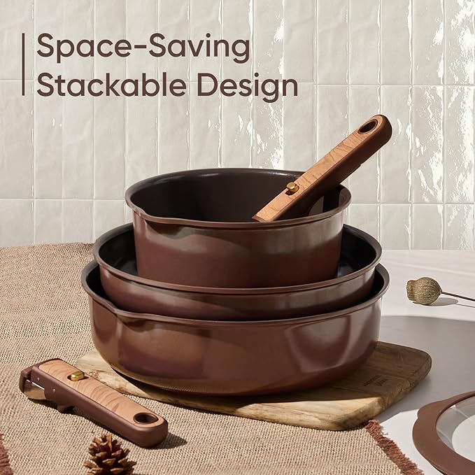 CAROTE Pots and Pans Set, Ceramic Cookware Set Non Stick with Detachable Handle, RV Kitchen Cooking Set, Induction & Oven Safe, Non-Toxic, PFAS and PFOA Free, Dark Choco, 19 Pcs