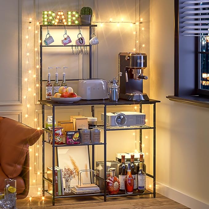 Baker's Rack for Kitchen with Storage, Microwave Stand with Adjustable Shelves, Kitchen Stand with 10 S Hooks, 6-Tier Coffee Bar Station, Storage Shelves for Spices, Pots, Gray