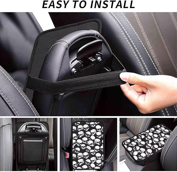 Car Center Console Cover Skull Gothic Goth Polyester Armrest Cushion Pad Protector Black White Auto Interior Accessories Arm Rest Covers