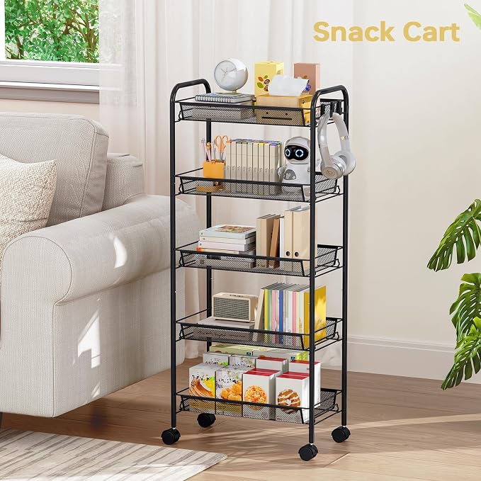 TOOLF 5-Tier Metal Utility Cart with 3 Hooks, Easy Assemble Mobile Storage Trolley On Wheels, Metal Shelving Units Kitchen Bathroom Laundry Room