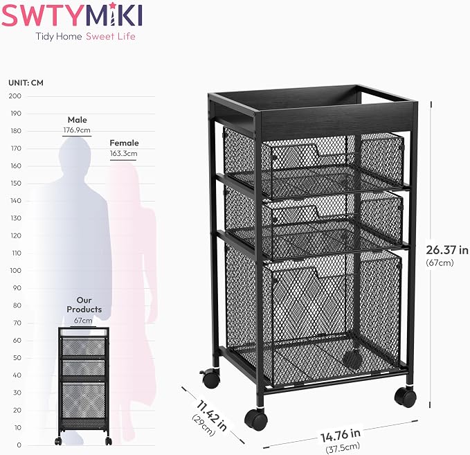 SWTYMIKI Rolling File Cart with Drawers - 4 Tier Under Desk Storage Craft Rolling Organizer Cart - Office Storage &Organization, Mobile Metal Filing Cabinet for Office and Home Black