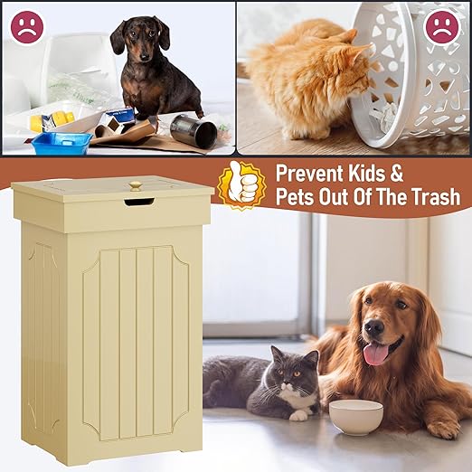 Function Home Trash Can Cabinet, 13 Gallon Kitchen Garbage Can, Wood Recycling Trash Bin, Freestanding Dog Proof Trash Can, Farmhouse Trash Cabinet with Lid for Home Kitchen Bathroom, Yellow