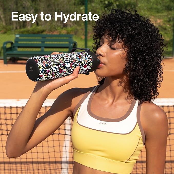ENCOOL Insulated Water Bottle with Straw Stainless Steel Water Bottle, Leak-Proof, BPA-Free, Double Wall Vacuum Keeps Cold for 24 Hours for Sports, Travel, School (26 oz, Graffiti Faces)