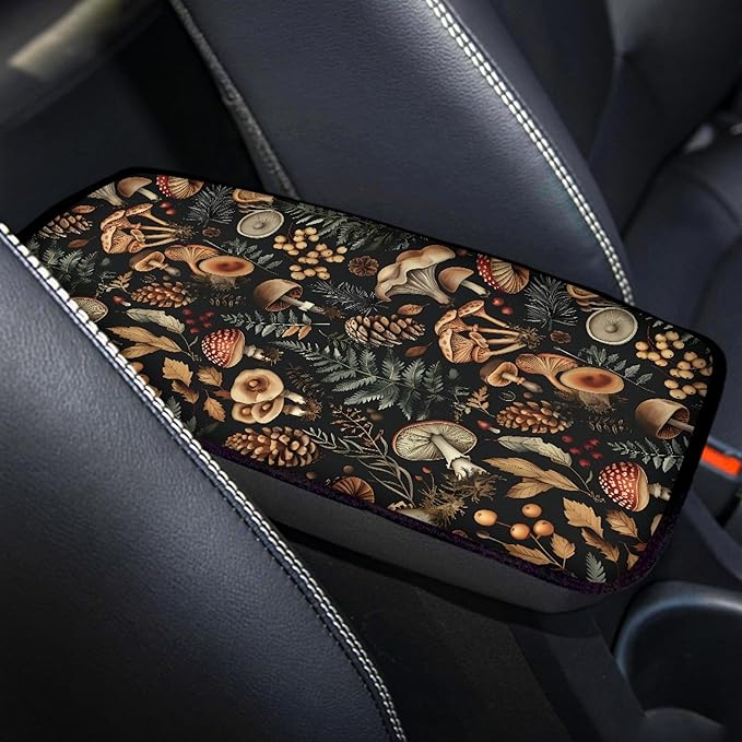 Mushroom Leaves Print Car Center Console Cover,Auto Armrest Cover Pads for Women Girls,Mushroom Car Accessories