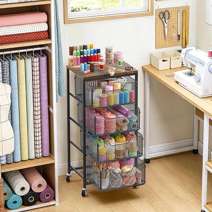 Rolling Cart with Drawers, 4-Tier Utility Cart Storage Organizer with Lockable Wheels, Metal Craft Storage Cart with Wooden Top for Kitchen, Bathroom, School, Studio, Office, Bedroom, Black