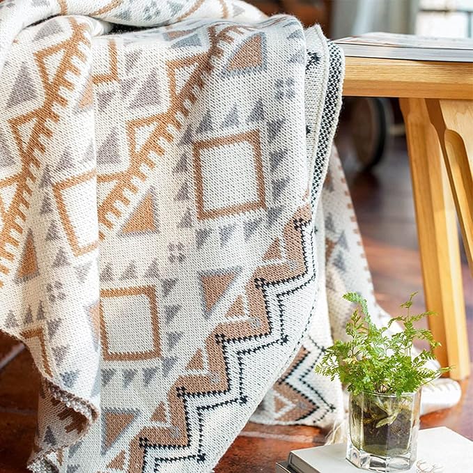 Brown Queen Size Knitted Tassel Boho Soft Lightweight Vintage Tan Throw Blanket for Sofa Couch Bed and Living Room- All Seasons (60x80 Inch)