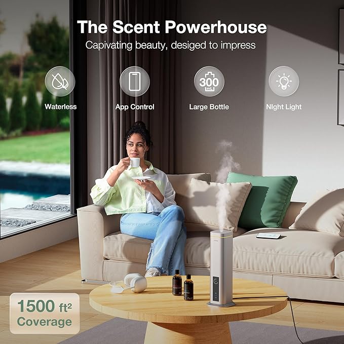 Airversa Waterless Diffuser, Smart Tower Diffuser with App Control, Cold Air Scent Diffuser Oil Machine for Homes Offices Hotels, 300mL Capacity, Up to1500 sq ft, DC-12V/1A Plug, RDX Silver