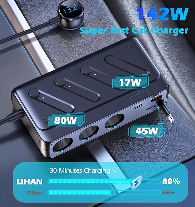 LIHAN Cigarette Lighter Splitter with Retractable Type-C Cable, 3 Sockets & 3 USB Ports (PD45W+QC),12V/24V Car Charger Adapter, LED Voltage Display & Independent Switch for Vehicles/RV/SUV/Truck