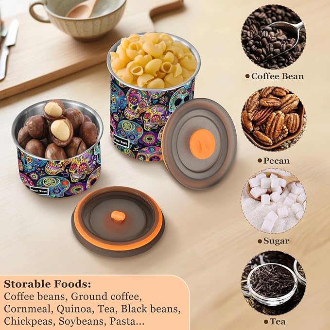 ALAZA Sugar Skulls Day Of Dead Kitten Cats Airtight Coffee Bean Canister Customed 900ml Food Storage Containers with Lids For Gournd, Tea, Sugar, Flour, Rice, Cereal, Candy Cookie Jar