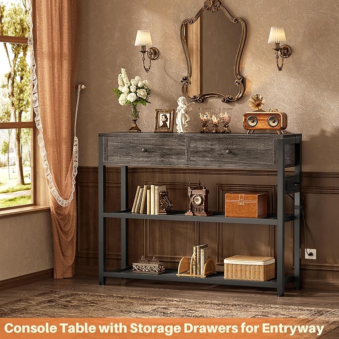 Ecoprsio Entryway Table with Outlets and USB Ports, Small Console Table with 2 Drawers, Sofa Table with Storage Shelves for Living Room, Couch, Hallway, Foyer, 32'', Grey Oak