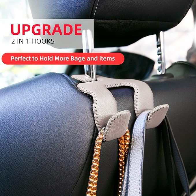 Car Hooks for Purses and Bags, 2-in-1 Durable Hanger, Leather Headrest Hook, Car Back Seat Organizer, 1-Pack, Beige