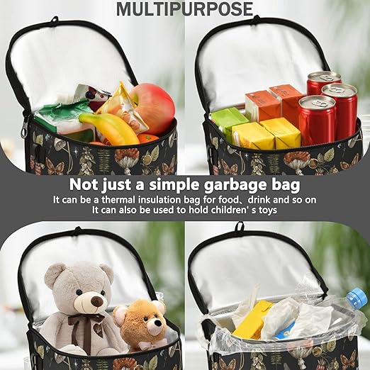 Mushrooms Car Trash Can Vintage Flower Butterfly Dragonfly Car Garbage Bag with Lid Hanging Waterproof Leak Proof Vehicle Storage Bin
