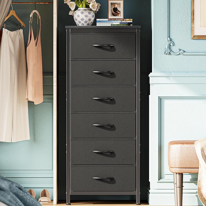 Huuger Tall Dresser for Bedroom, Stable 6 Drawer Dresser with Anti-Tip Device, PU Leather & Fabric Drawers, Tall Nightstand for Closet, Nursery, Storage Tower for College Dorm High Beds, Black