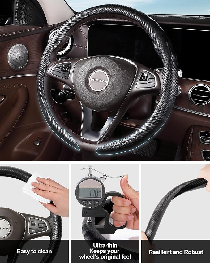 West Llama Carbon Fiber Car Steering Wheel Cove,rThin Steering Wheel Wrap Universal 14.5-15 Inch,Fit Cars,SUVs,Trucks(Black-O-Shaped)