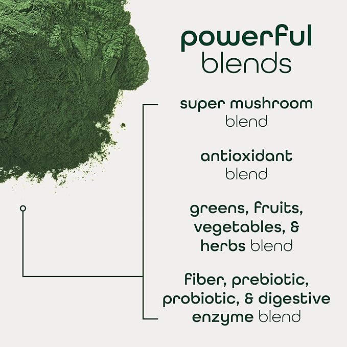 Zena Nutrition Organic Super Greens Powder, 70+ Superfoods, 0 Sugar, 3g Fiber, Spirulina, Chlorella, Mushrooms, Prebiotics/Probiotics, Digestive Enzymes, Gut Health, Green Apple, 30 Drink Mix Packets