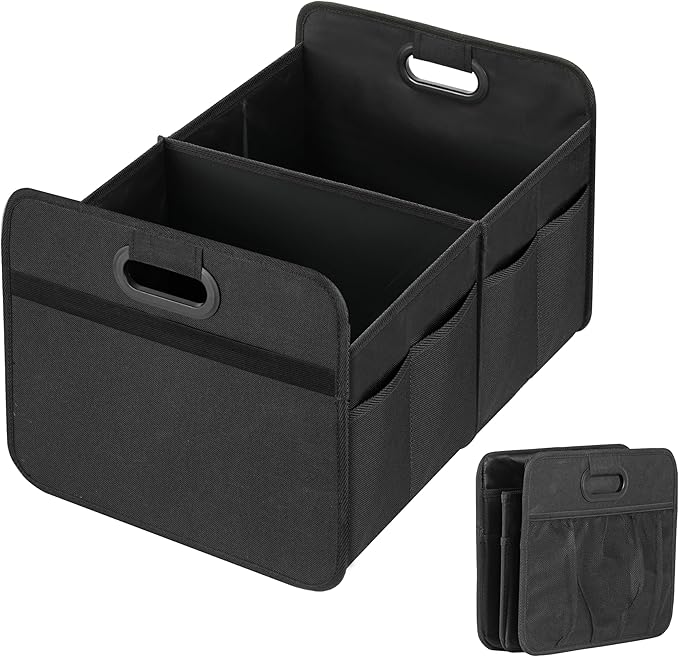 YSSOA Car Trunk Organizer, Collapsible 2 Compartment Non Slip Bottom, Waterproof Car Storage Box, 600D Oxford Polyester Sturdy Accessories for SUV, Mini-Van, 50L, Black