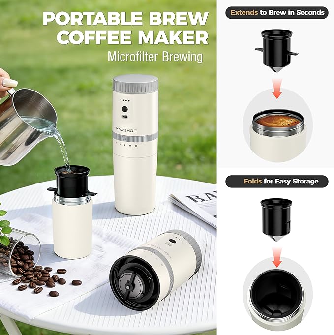 HAUSHOF Portable Coffee Maker, Camping Coffee Makers Travel Mini Coffee Maker, Portable Travel Coffee Maker with Grinder, Personal Cordless Travel Coffee Maker for Car, Camping, and Home