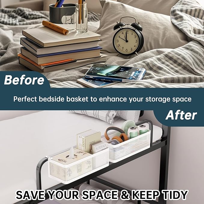 Bedside Caddy Shelf for Bunk Bed & Dorm, Adjustable Bunk Bed Caddy Holder for Top Bunk, Rails, Cribs, Bedside Shelf Organizer for Phone/Books/Drinks (Black, L(L11in*W4.9in*H3.93in))