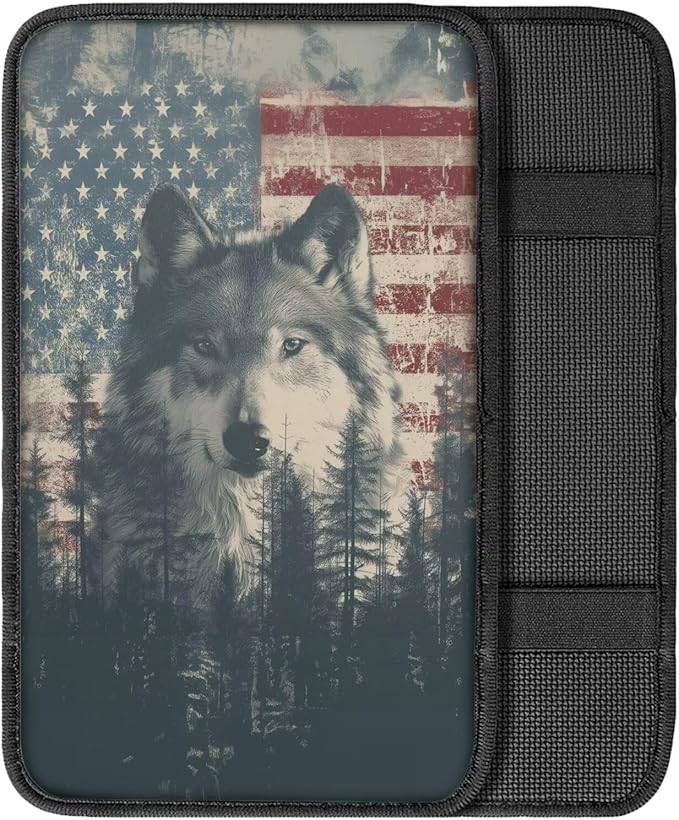 Wolf Forest Print Car Center Console Armrest Cover American Flag Print Armrest Box Protector Cover Universal Fits Truck Sedan SUV, Auto Interior Decor