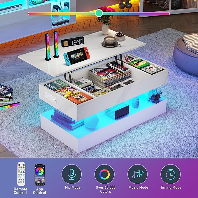 39.4" Large Lift Top Coffee Table, Modern LED High Glossy Coffee Table with Charging Station, Lights, Hidden Compartment Storage, Lift Center Tables for Living Room, Home Office, White