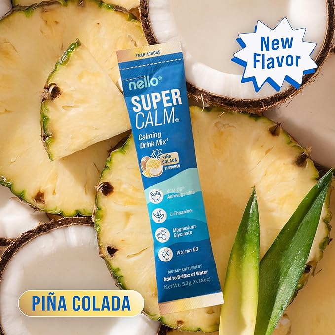 Nello Supercalm Powdered Drink Mix, Cortisol Reducer* and Sleep Aid Supplement, L Theanine, Ksm-66 Ashwagandha, Magnesium Glycinate, Vitamin D 3, No Sugar, Non GMO, On The Go, 20 Ct, Pina Colada