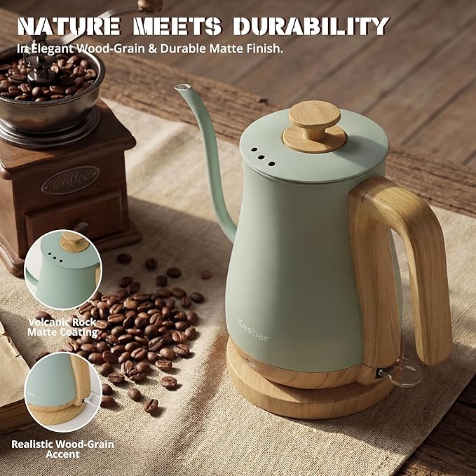 Electric Kettle, Electric Tea Kettle Stainless Steel, Gooseneck Electric Kettle, 1000W Hot Water Kettle Electric Auto Shut Off, 0.8L, Wood-like Grain Finish Handle, Light Green