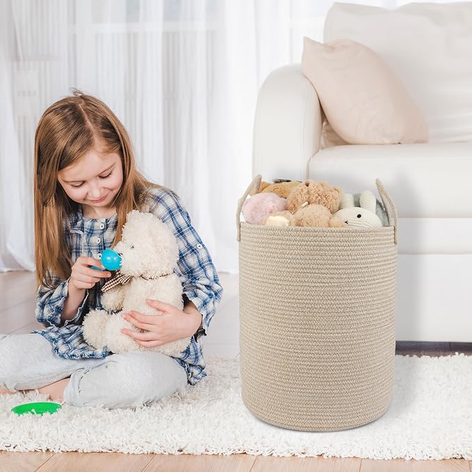 XUANGUO Cotton Rope Laundry Basket Hamper for Clothes Woven Storage Basket for Living Room Bedroom Boho Tall Rope Baskets for Blanket Toys Pillow Towels Baby Nursery Hamper Bin oatmeal