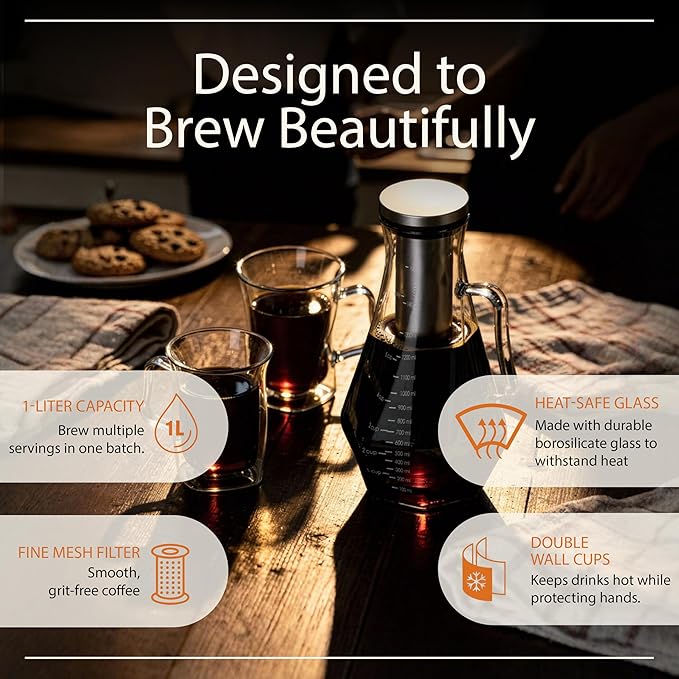 James Bentley Complete Cold Brew Coffee Set – Cold Brew Coffee Maker Glass for Hot and Cool Drinks, Fridge Friendly — Glass Carafe, Stainless Steel Infuser, Double Wall Cups x2, & Cleaning Brush