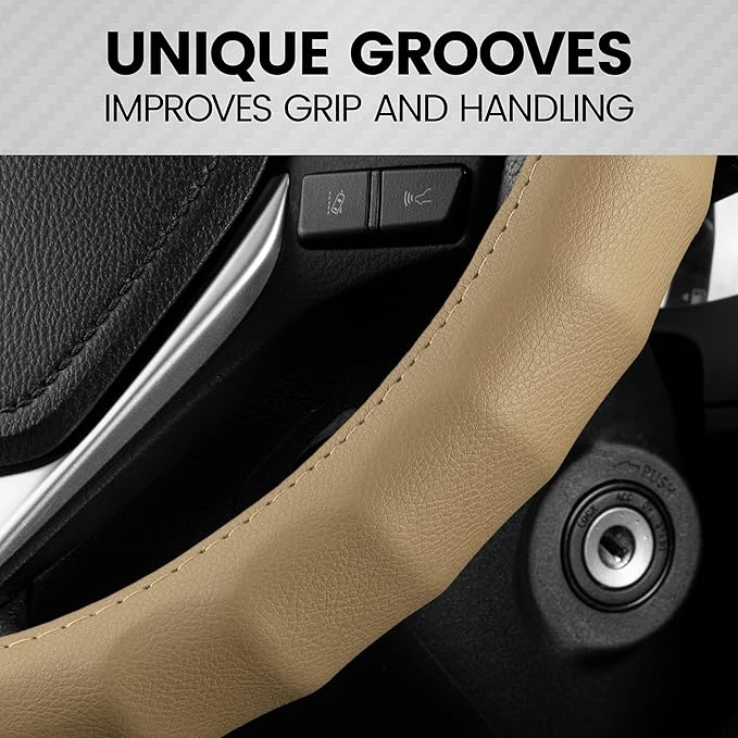 BDK Genuine Beige Leather Steering Wheel Cover for Car, Medium (14.5" - 15.5") – Ergonomic Comfort Grip for Men & Women, Universal Fit Car Steering Wheel Cover for Most Vehicles