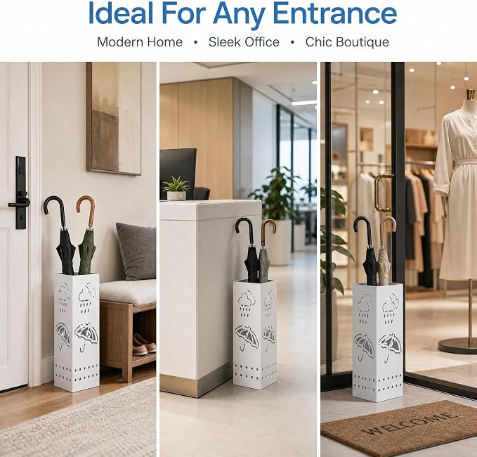 BEWBBAT Metal Umbrella Stand for Entryway, 6 x 6 x 17 Inch White Square Umbrella Organizer Bin, Free Standing Umbrella Holder,Walking Sticks, Home Office Decor