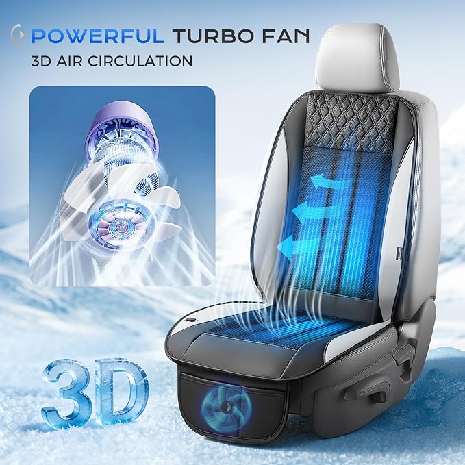 Coverado Cooling Car Seat Cover with High-Velocity Turbo Fan, Powerful Blowing & Suction Pad, 12V-24V Ventilated Cushion, 3-Speed Adjustable Airflow, Universal Fit for Car SUV Truck Van（Gray）