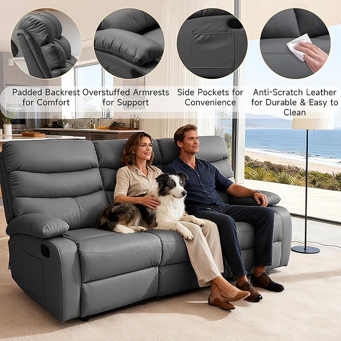Reclining Couch Sofa Set Leather Recliner Couch Sofa and Loveseat Sets for Living Room, RV, Theater Seating(3 Seat Sofa+Loveseat,Grey)