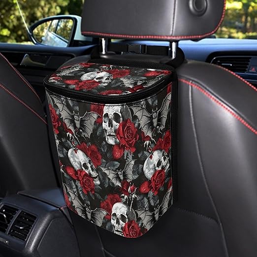 Gothic Skull Car Trash Bags for Back Seat Rose Auto Hanging Trash Can with Lid Car Trash Bag Storage Organizer Universal Automobile Interior Accessories