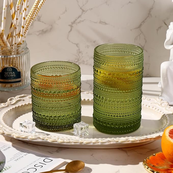 Moretoes Hobnail Drinking Glasses Set of 6, 12 Oz Highball Glasses & 10 Oz Cocktail Glasses, Clear Embossed Boho Glass Cups Kitchen Bar Tumbler Glassware Set for Whiskey, Beer, Juice, Milk (Green)