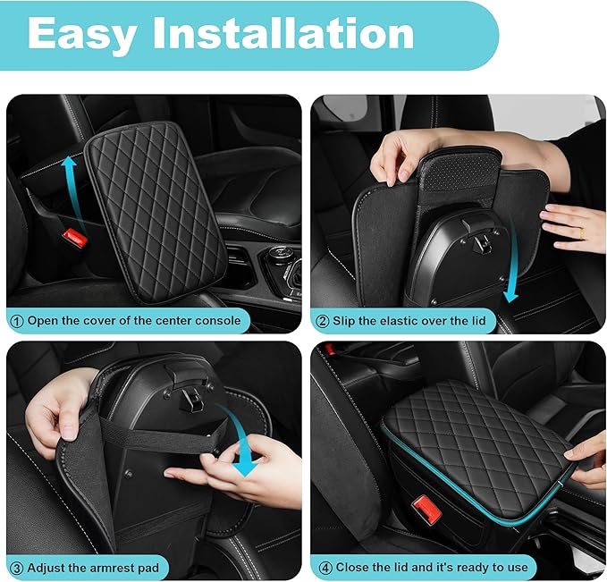 Center Console Cover Fit for Kia Soul 2010-2025 with 2 Storage Bags Waterproof Leather Quilted Pattern Car Armrest Cover Cushion Anti - Slip(Black)