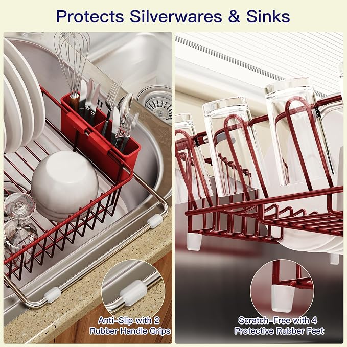 MAJALiS Red Dish Drying Rack Over The Sink with Utensil Holder, Mat | Expandable Stainless Steel Dish Drainer for Small Kitchen, Apartment, RV, Counter Space Saving, Perfect Fit, Rustproof