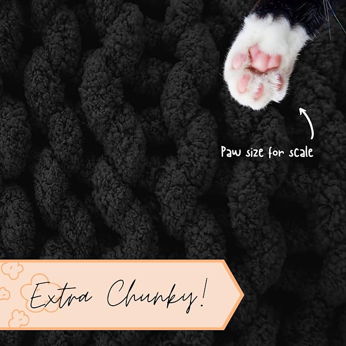 Adyrescia Chunky Knit Blanket Throw | 100% Hand Knit with Jumbo Chenille Yarn (40"x50", Raven Black)