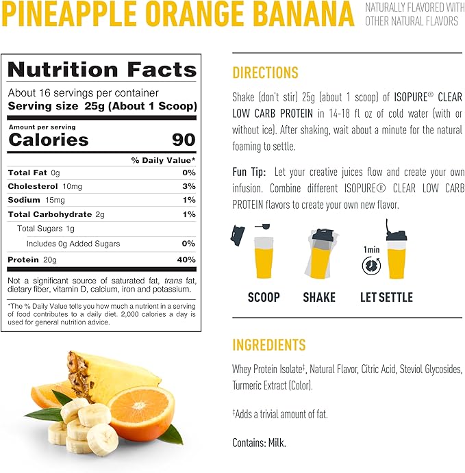 Isopure Clear Whey Isolate Protein Powder, Lactose Free, Gluten Free, Naturally Flavored, Pineapple Orange Banana, 20g Protein Per Serving, 14.1 Oz, 16 Servings (Packaging May Vary)