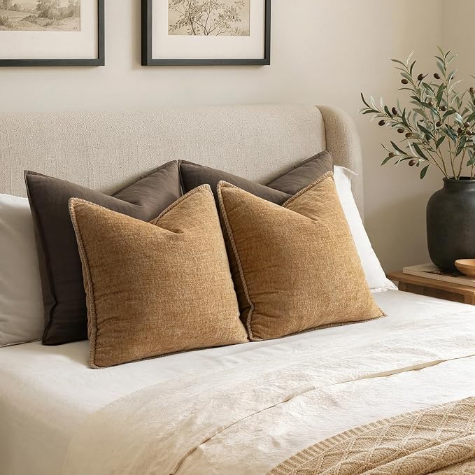 MIULEE Pack of 2 Couch Throw Pillow Covers 18x18 Inch Apricot Brown Farmhouse Decorative Pillow Covers with Stitched Edge Soft Chenille Solid Dyed Spring Pillow Covers for Sofa Bed Living Room