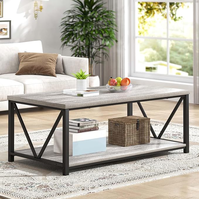 FOLUBAN Modern Coffee Table, Rustic Wood and Metal Center Table with Storage Shelf, Industrial Cocktail Table for Living Room, Light Grey, 39 Inch