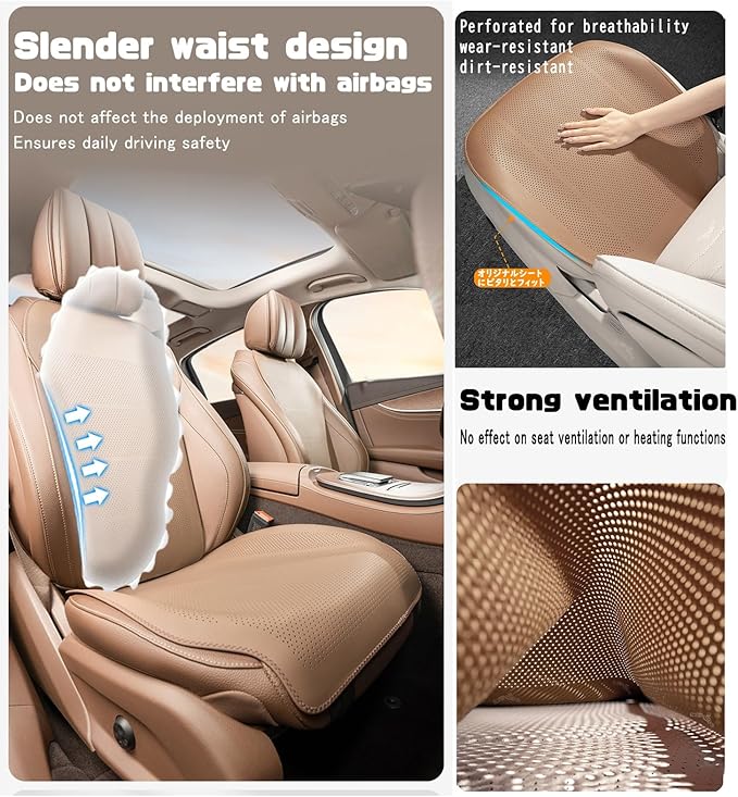 ontto 2 PCS Car Seat Back Lumbar Cushions for Driving Universal Car Seat Protector with Buckle Fixing,Non-Slip Backing Will Not Leave Imprint,Ventilated PU Leather Seat Mat,Light Brown