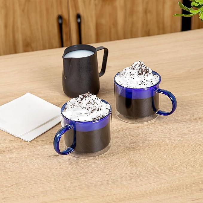 Restaurantware Coffee Cups 12 Pack of 11 oz Double Wall Glass Insulated Coffee Cup Borosilicate Mug Thermal Shock Resistant Handle Modern Design
