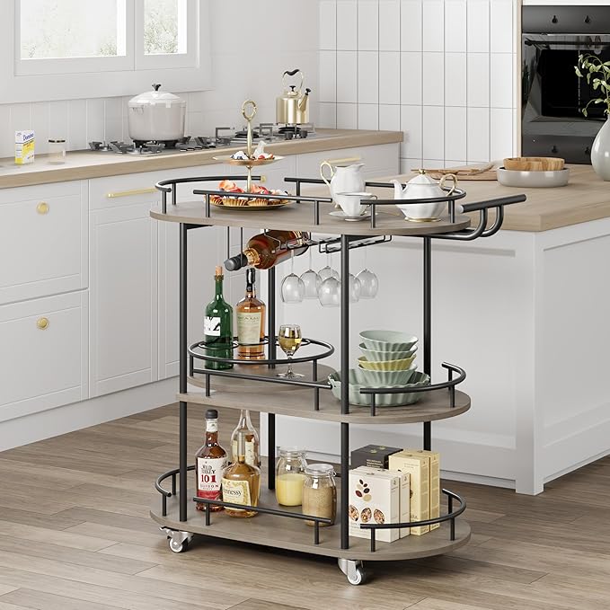 GarveeHome Black Bar Carts with 4-Tiers Storage Shelves，Mobile Bar Seving Carts On Wheels with Wine Rack and Glass Holder for Kitchen, Dining Room, Living Room-Black+Grey