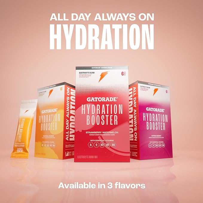 Gatorade Hydration Booster Electrolyte Drink Mix Powder Packets, Strawberry Watermelon, Advanced Electrolyte Blend, No Added Colors, No Artificial Sweeteners, Essential Vitamins A, C, B3, B5, B6, Makes 20 Fl Oz (6 Pack)